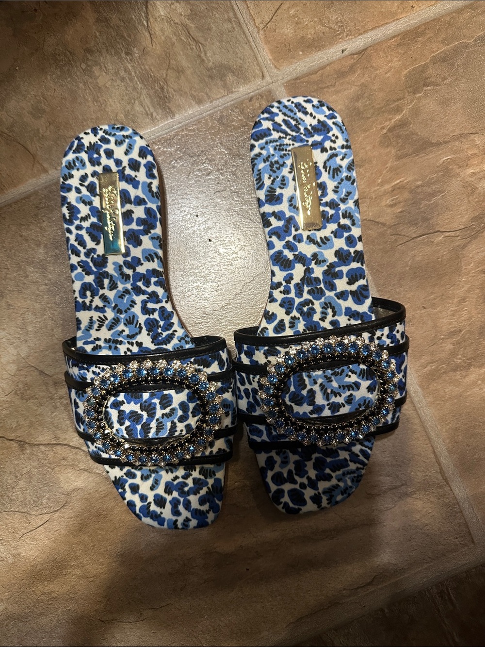 Lilly Pulitzer Blue and White Leopard Slide Sandals with Crystal Buckle 7.5 M